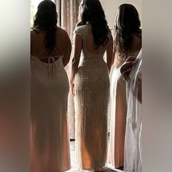 Jovani beige and silver tassel maxi dress open back - Picture 6 of 12